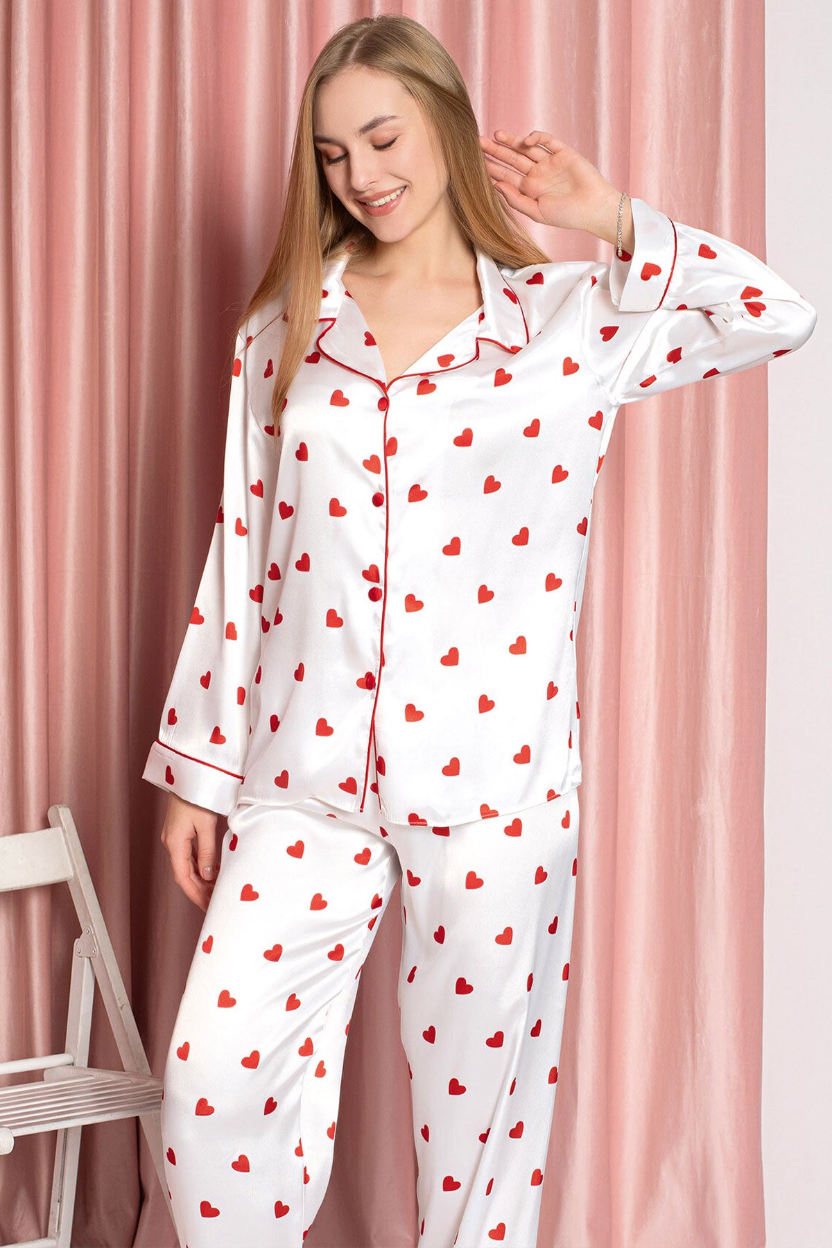 Nbb Kadın Pijama Takımı Gömlek Yaka Saten Kalp Desenli