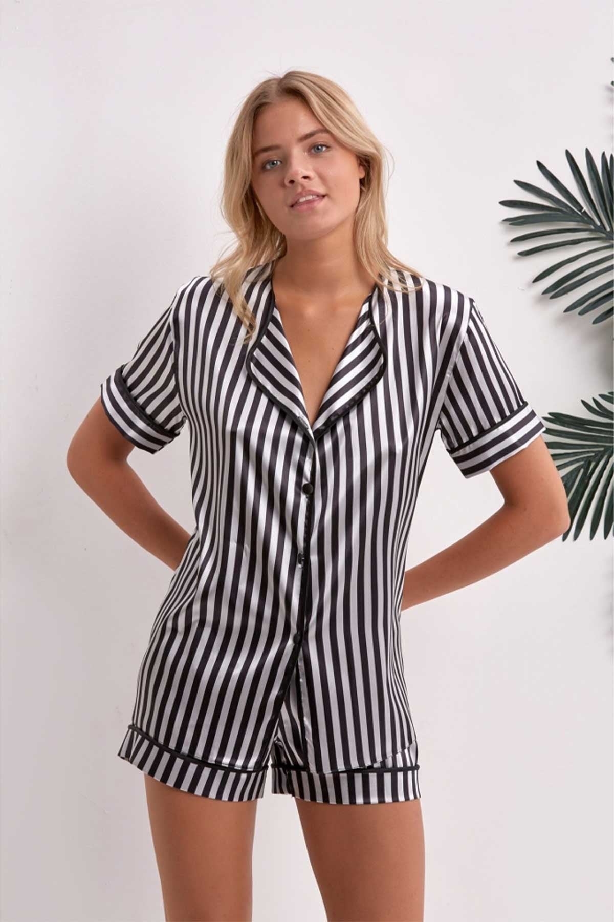 Nbb Kadın Saten Şortlu Gömlek Yaka Pijama