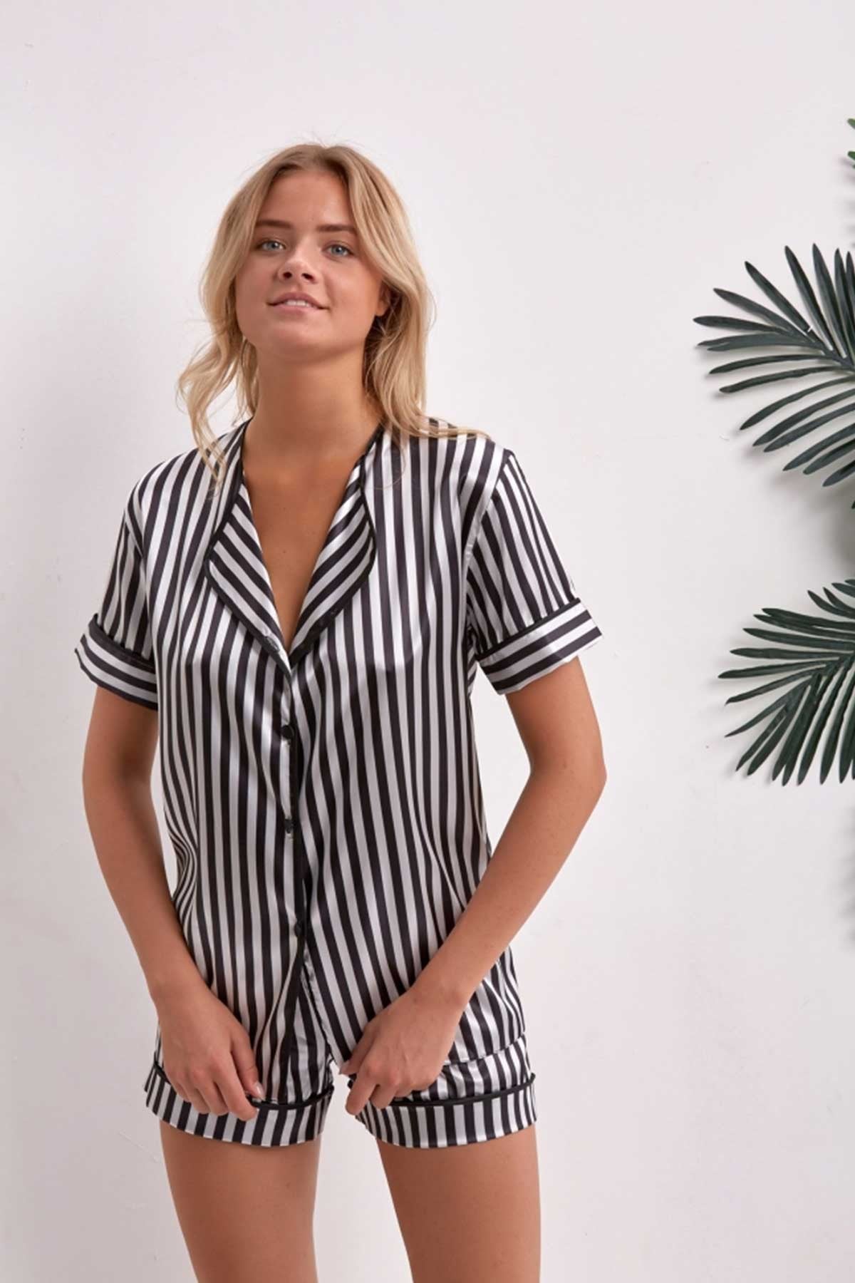 Nbb Kadın Saten Şortlu Gömlek Yaka Pijama