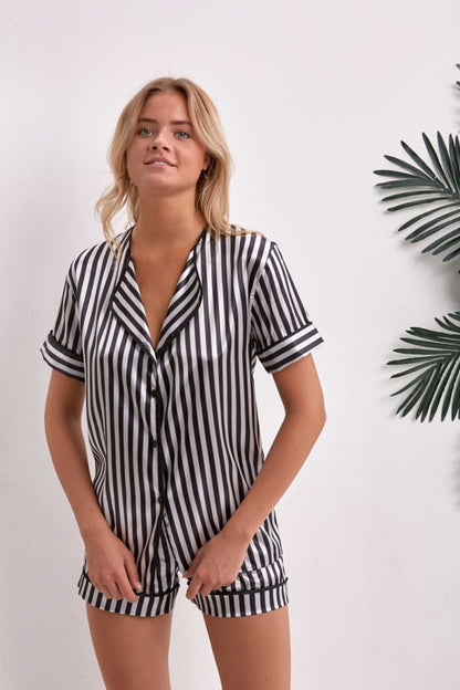 Nbb Kadın Saten Şortlu Gömlek Yaka Pijama