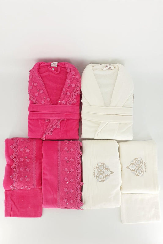 Nurpak Aile Bornoz Seti Verda Kadife Güpürlü 8 Parça