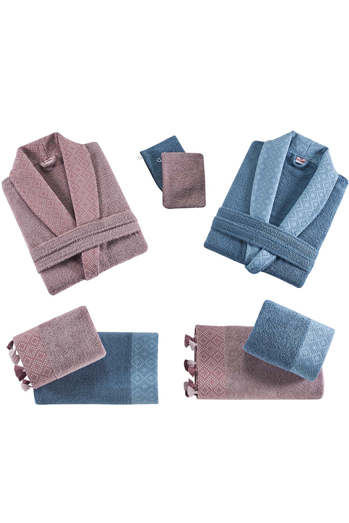 Nurpak SafirJakarlı 8 Parça Aile Bornoz Seti