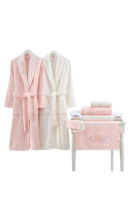 Nurpak Unisex Yetişkin Aile Bornoz Seti Begonvil Nakışlı 10 Parça