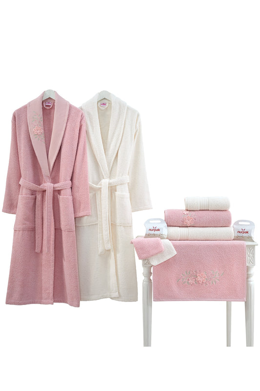Nurpak Unisex Yetişkin Aile Bornoz Seti Begonvil Nakışlı 10 Parça