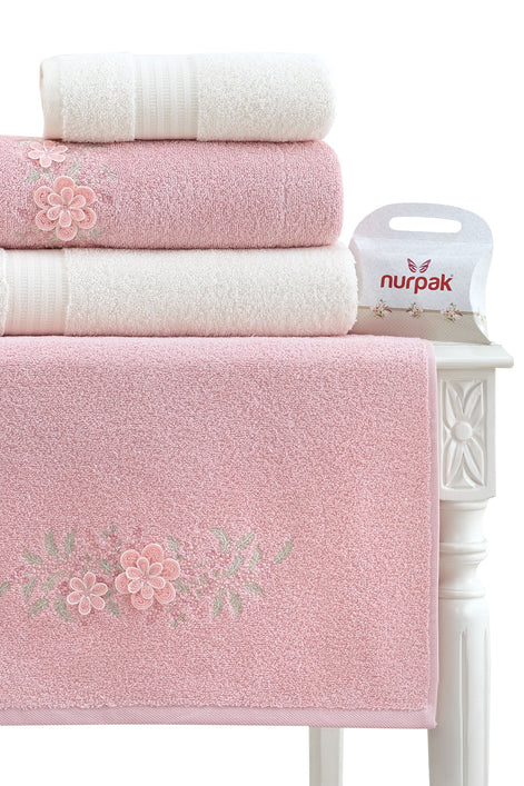 Nurpak Unisex Yetişkin Aile Bornoz Seti Begonvil Nakışlı 10 Parça