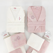 Nurpak Unisex Yetişkin Aile Bornoz Seti Begonvil Nakışlı 10 Parça