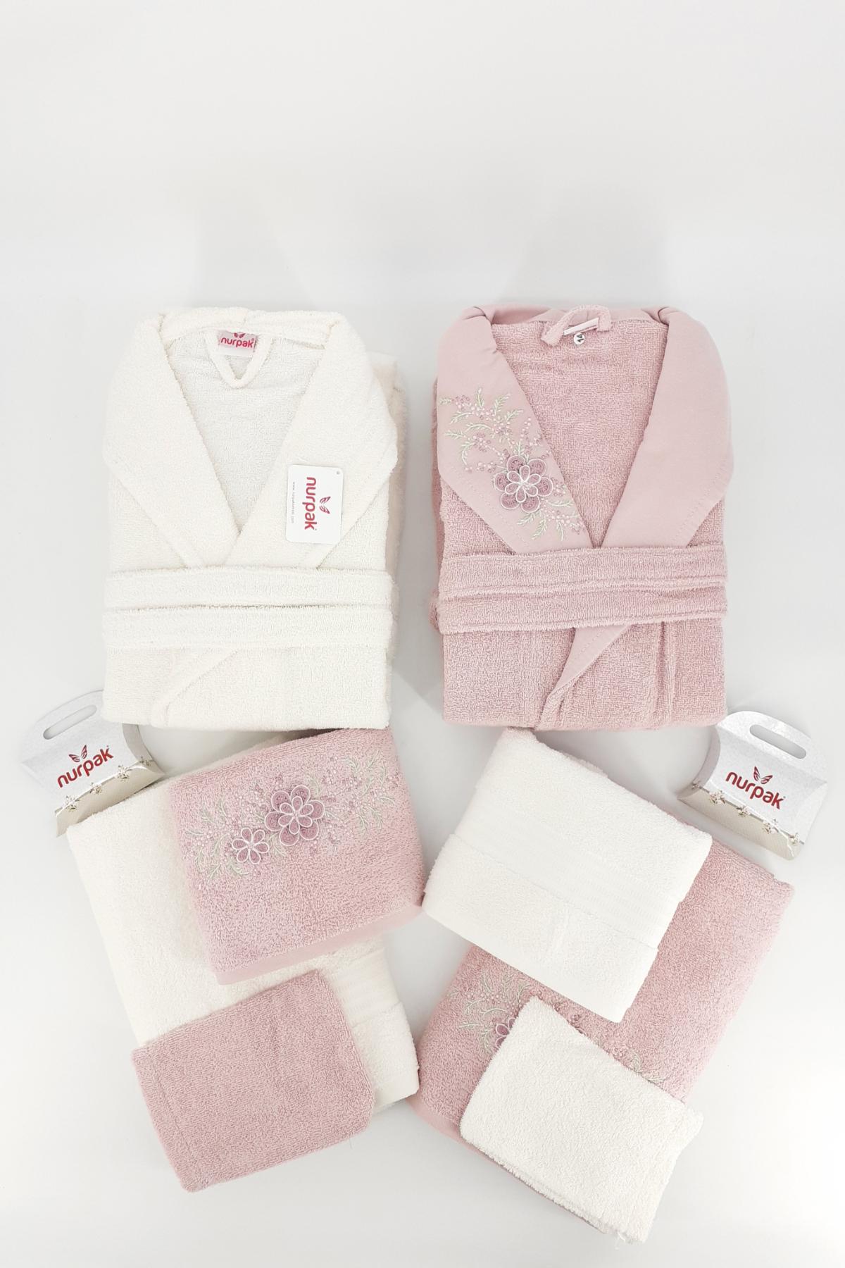 Nurpak Unisex Yetişkin Aile Bornoz Seti Begonvil Nakışlı 10 Parça