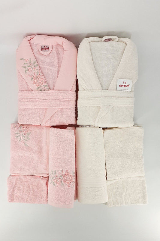 Nurpak Unisex Yetişkin Aile Bornoz Seti Begonvil Nakışlı 10 Parça