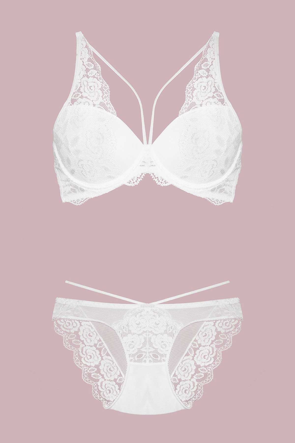 Nurteks Kadın Fantezi Destekli Sütyen ve Külot Takım Dantelli Şeritli Push-Up