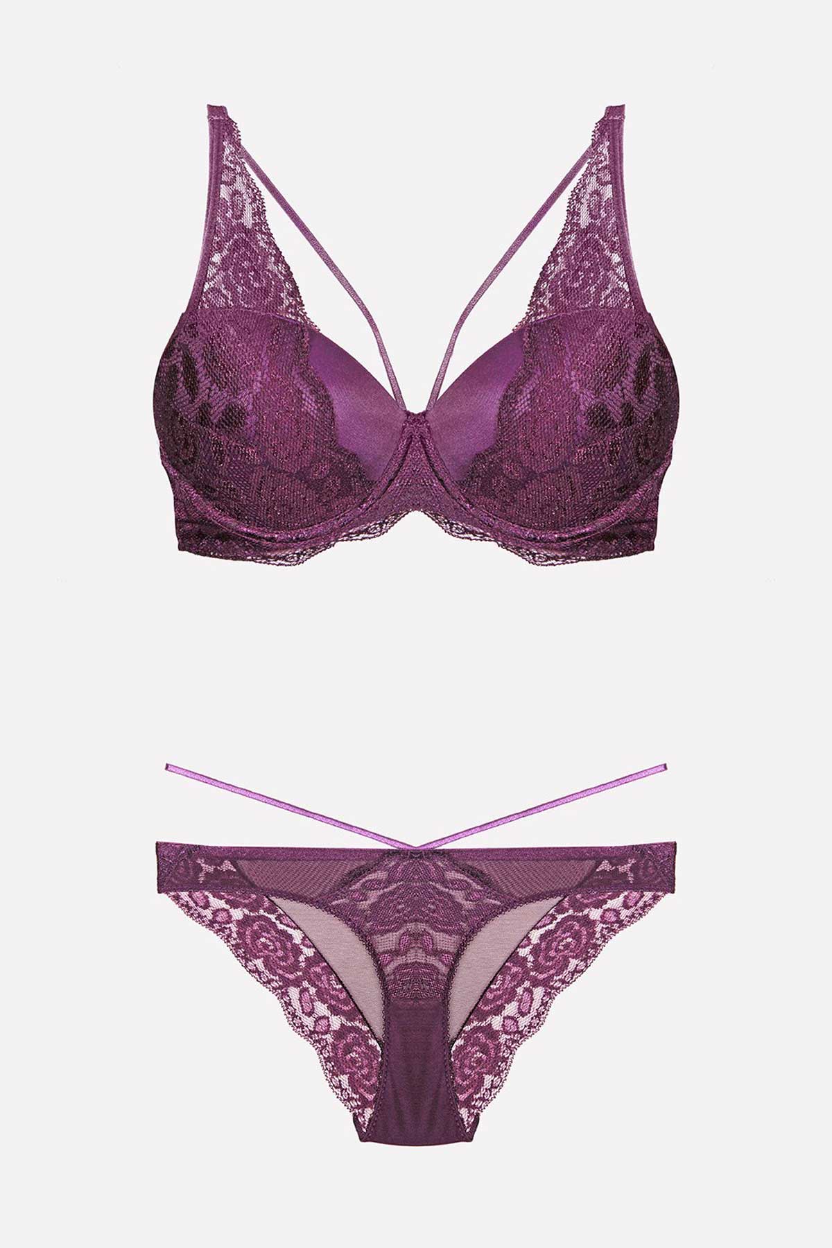 Nurteks Kadın Fantezi Destekli Sütyen ve Külot Takım Dantelli Şeritli Push-Up