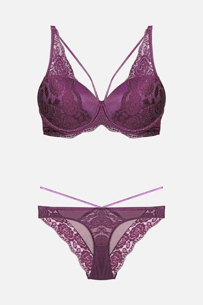 Nurteks Kadın Fantezi Destekli Sütyen ve Külot Takım Dantelli Şeritli Push-Up