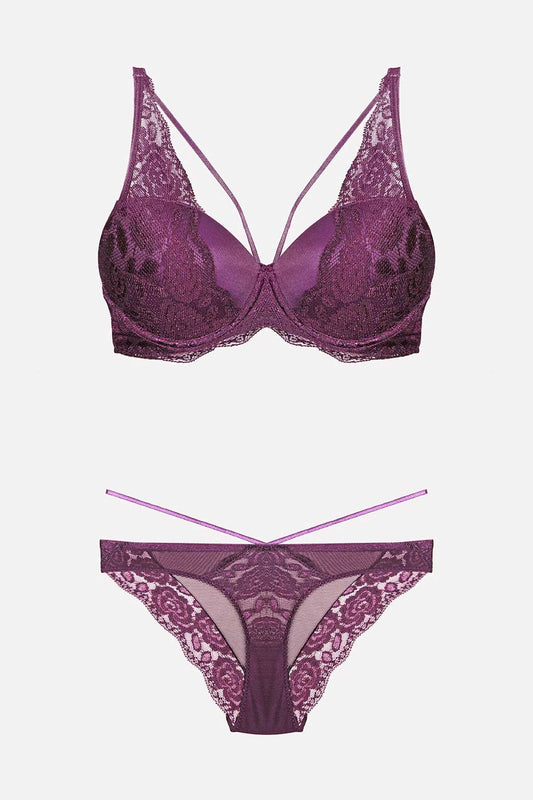 Nurteks Kadın Fantezi Destekli Sütyen ve Külot Takım Dantelli Şeritli Push-Up