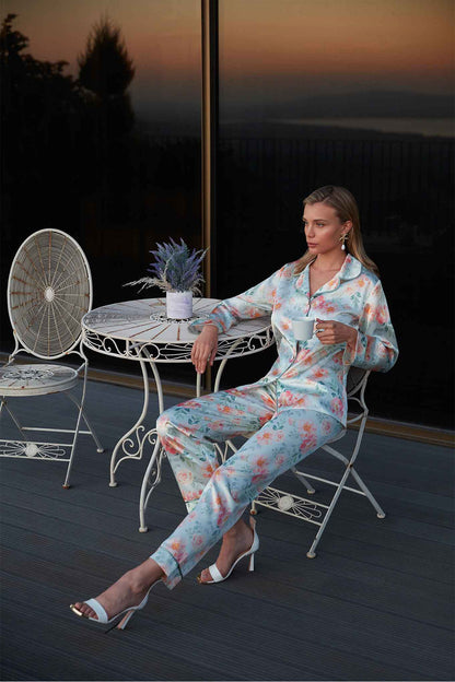 Nurteks Kadın Gömlek Pijama Takımı Saten Çiçekli