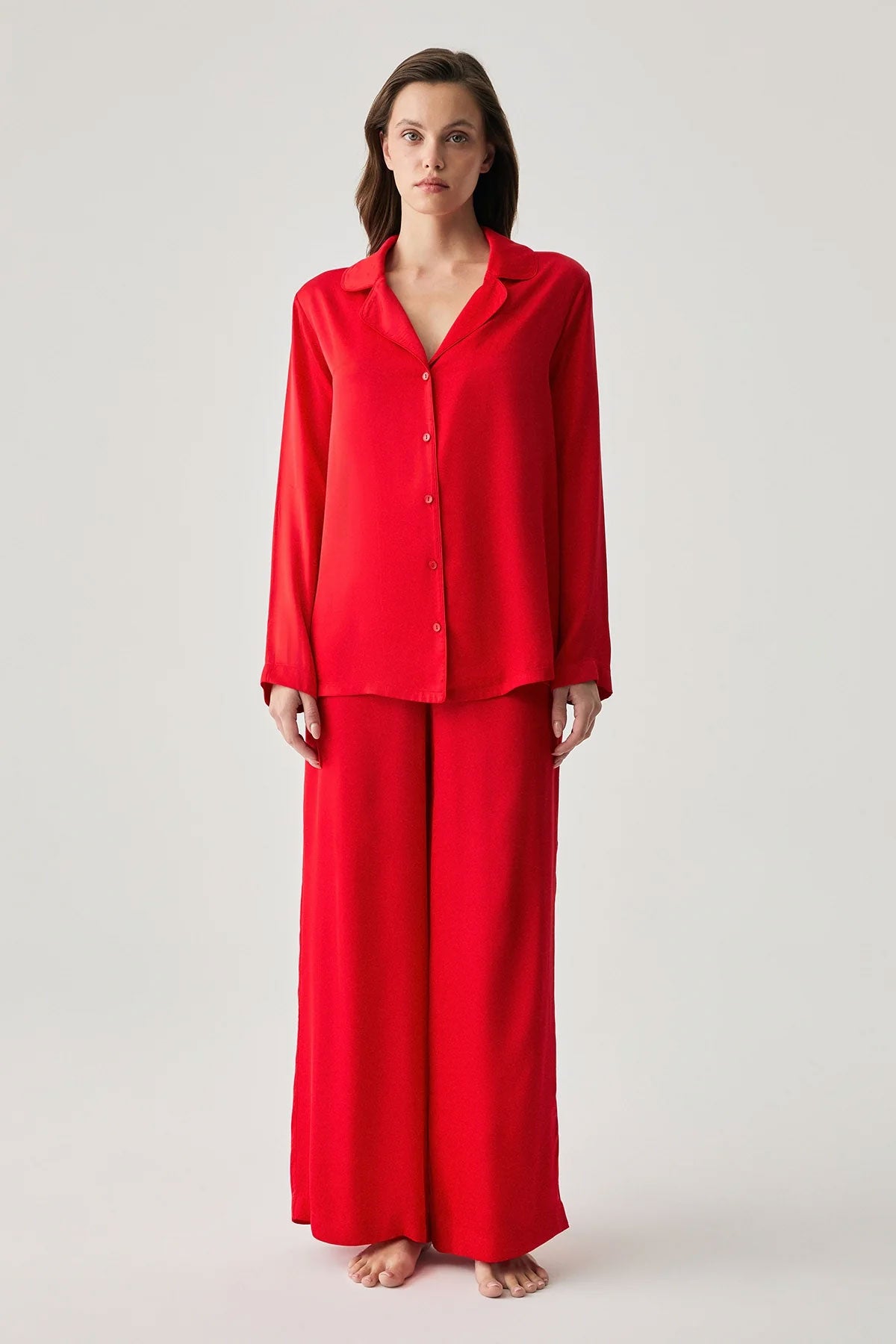 Penyemood Kadın Pijama Takımı Gömlek Yaka Bol Paça Viskon