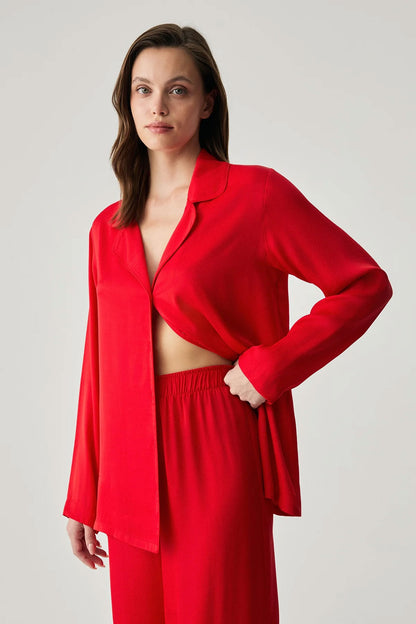 Penyemood Kadın Pijama Takımı Gömlek Yaka Bol Paça Viskon