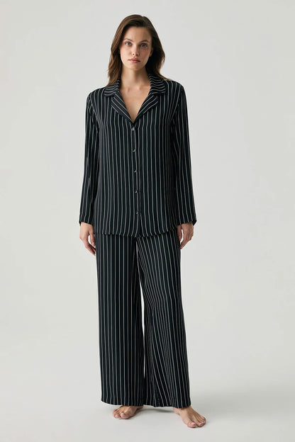 Penyemood Kadın Pijama Takımı Gömlek Yaka Bol Paça Viskon Çizgili