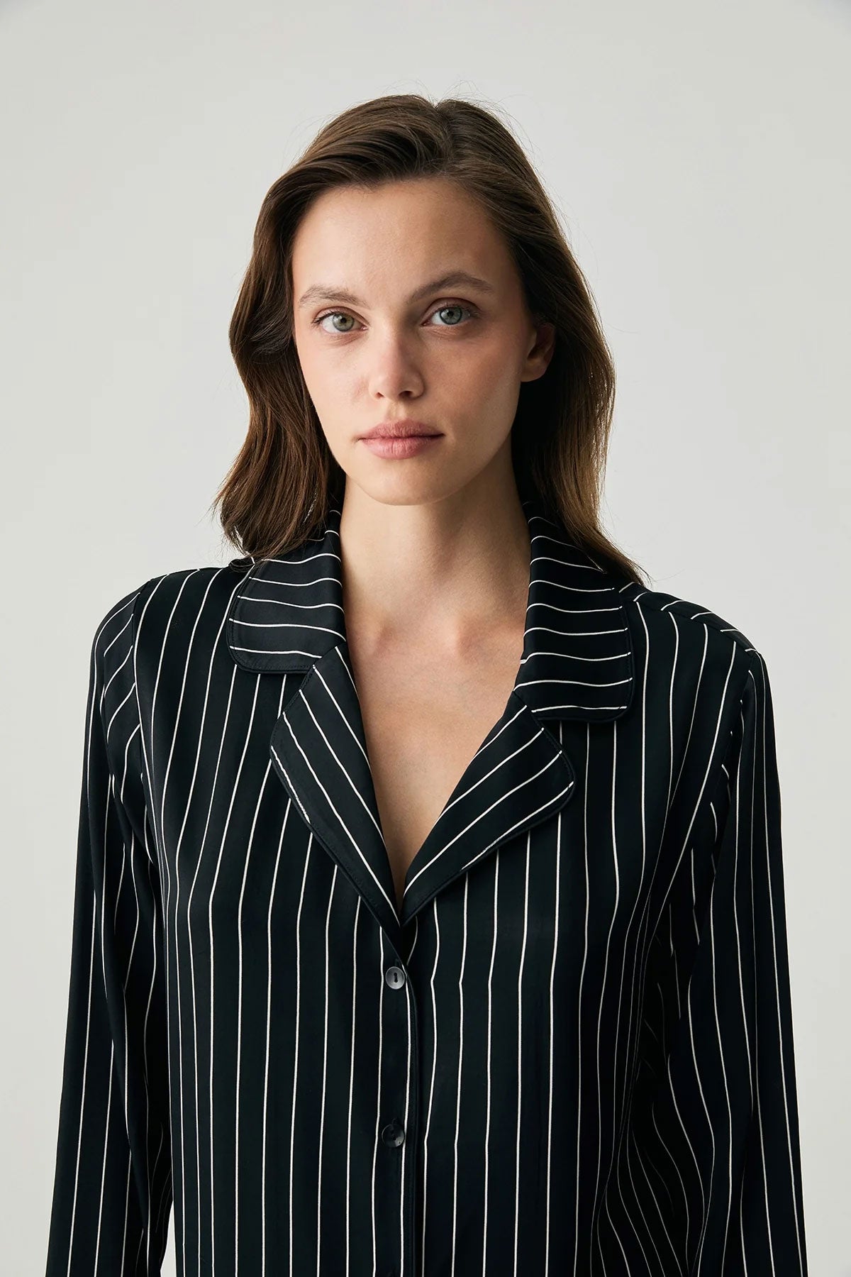 Penyemood Kadın Pijama Takımı Gömlek Yaka Bol Paça Viskon Çizgili