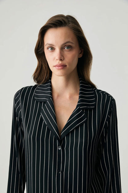 Penyemood Kadın Pijama Takımı Gömlek Yaka Bol Paça Viskon Çizgili