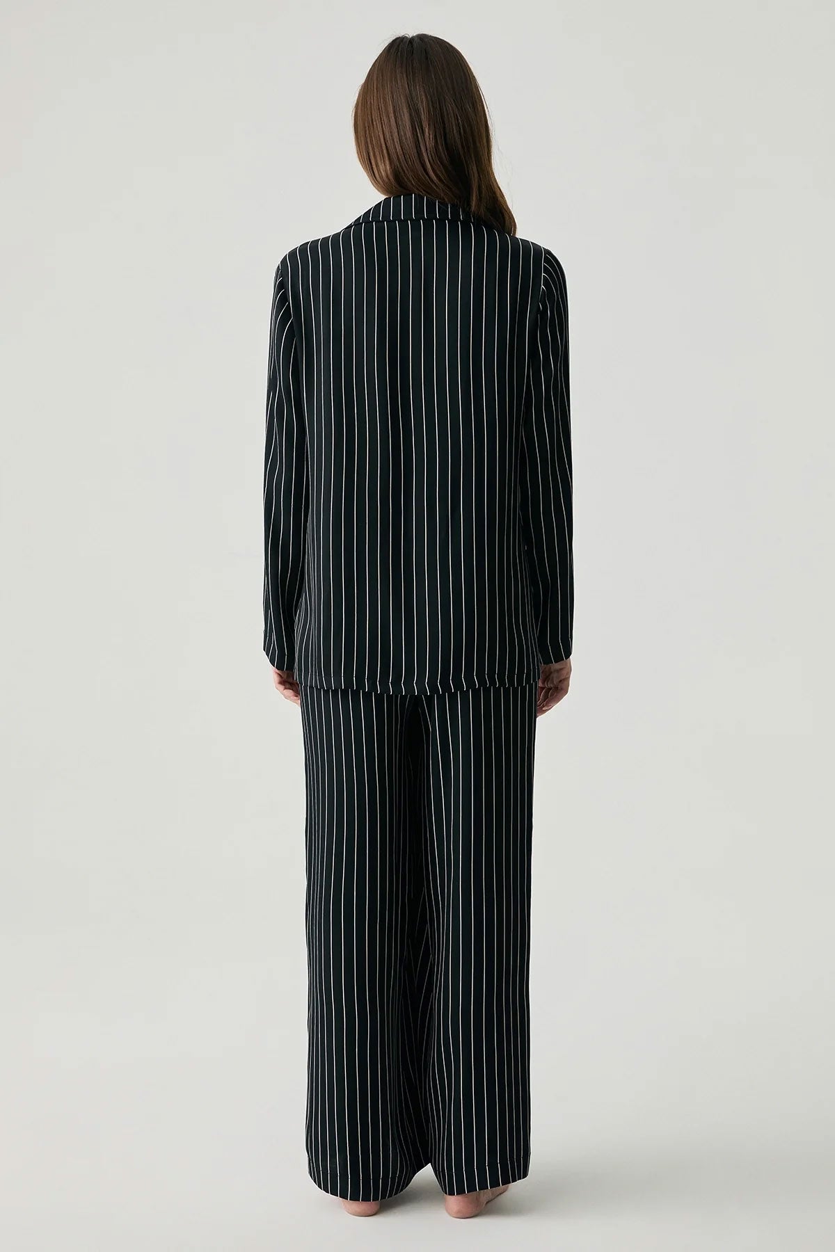 Penyemood Kadın Pijama Takımı Gömlek Yaka Bol Paça Viskon Çizgili