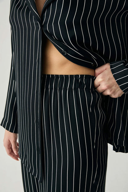 Penyemood Kadın Pijama Takımı Gömlek Yaka Bol Paça Viskon Çizgili