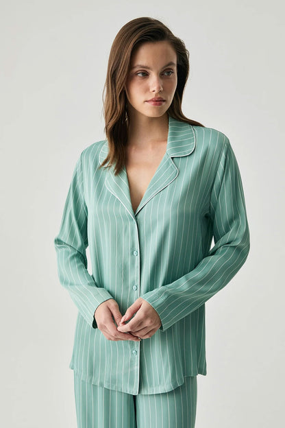 Penyemood Kadın Pijama Takımı Gömlek Yaka Bol Paça Viskon Çizgili