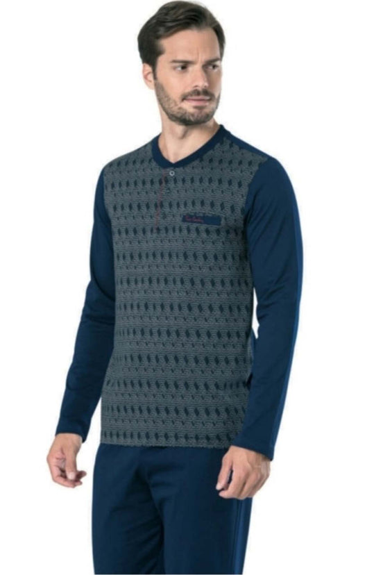 Pierre Cardin Erkek Çeyizlik Pijama Takımı 3 Düğmeli Jakar Dokumalı Pamuklu