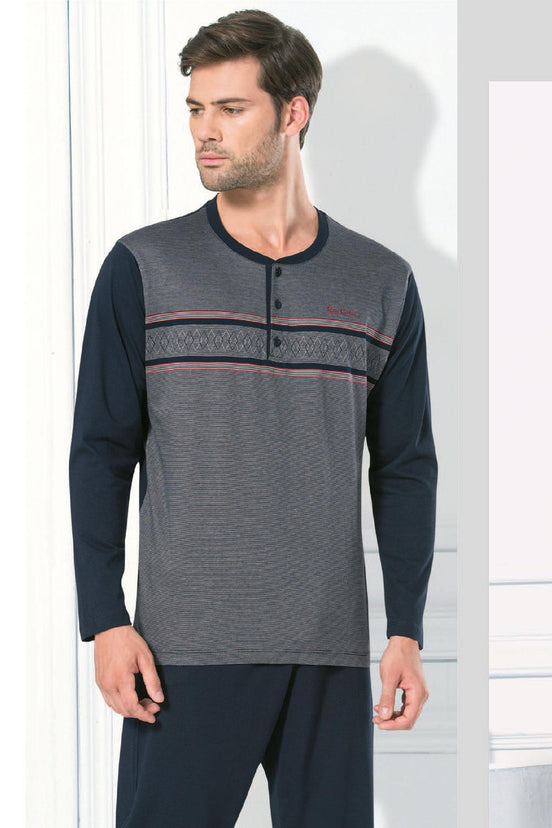 Pierre Cardin Erkek Çeyizlik Pijama Takımı Jakarlı Çizgili 3 Düğmeli