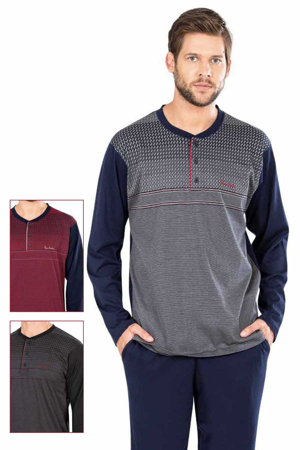 Pierre Cardin Erkek Pijama Takımı Uzun Kollu Jakarlı Yakası Düğmeli
