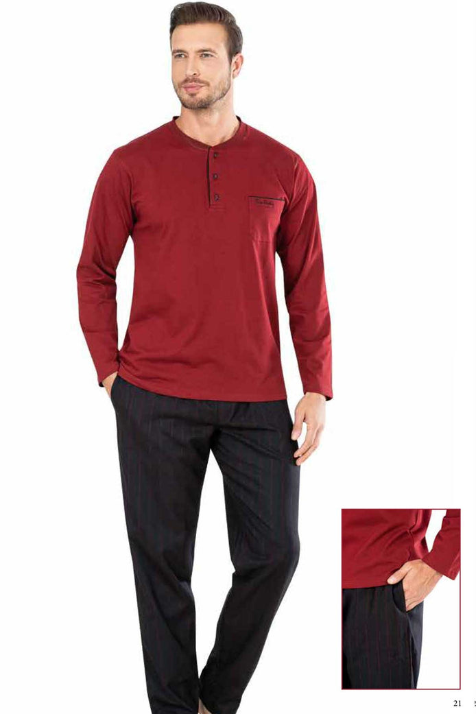 Pierre Cardin Erkek Pijama Takımı Uzun Kollu Penye Yakası Düğmeli Alt Çizgili