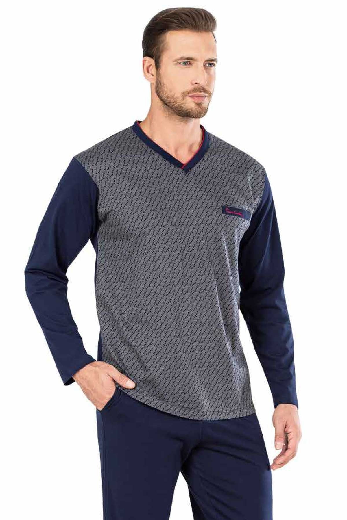 Pierre Cardin Erkek Pijama Takımı Uzun Kollu  V Yaka Jakarlı