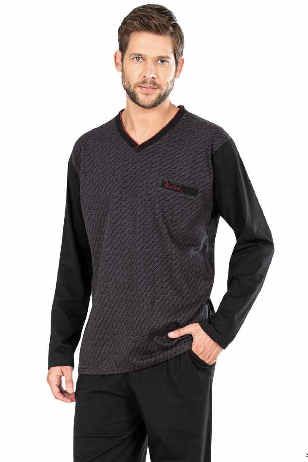 Pierre Cardin Erkek Pijama Takımı Uzun Kollu  V Yaka Jakarlı