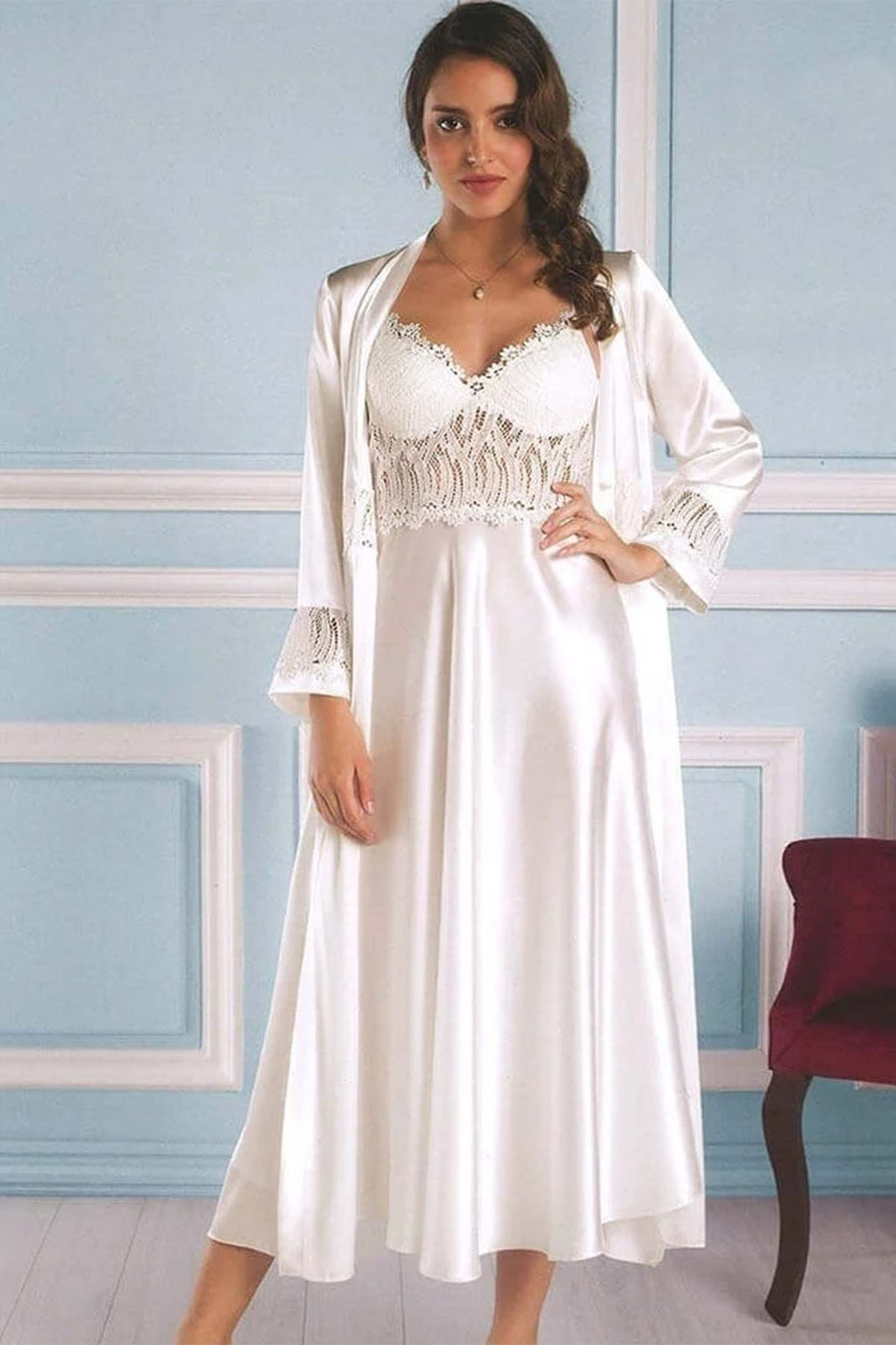 Pierre Cardin Kadın 6'lı Set Çiçek Güpürlü Saten Uzun