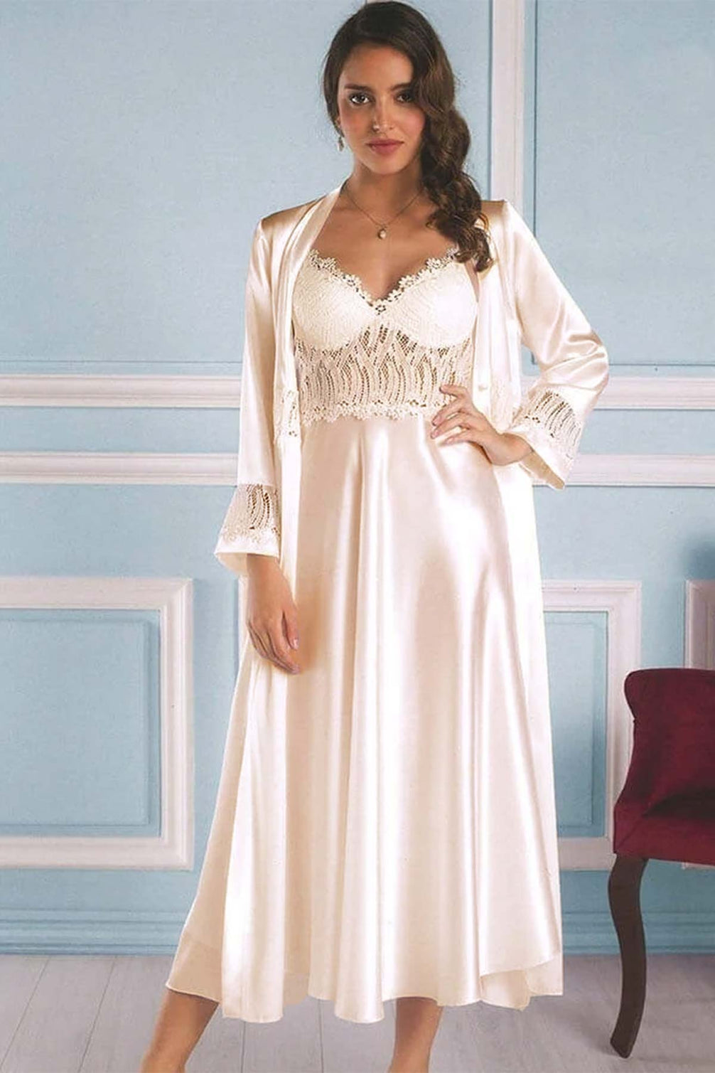 Pierre Cardin Kadın 6'lı Set Çiçek Güpürlü Saten Uzun