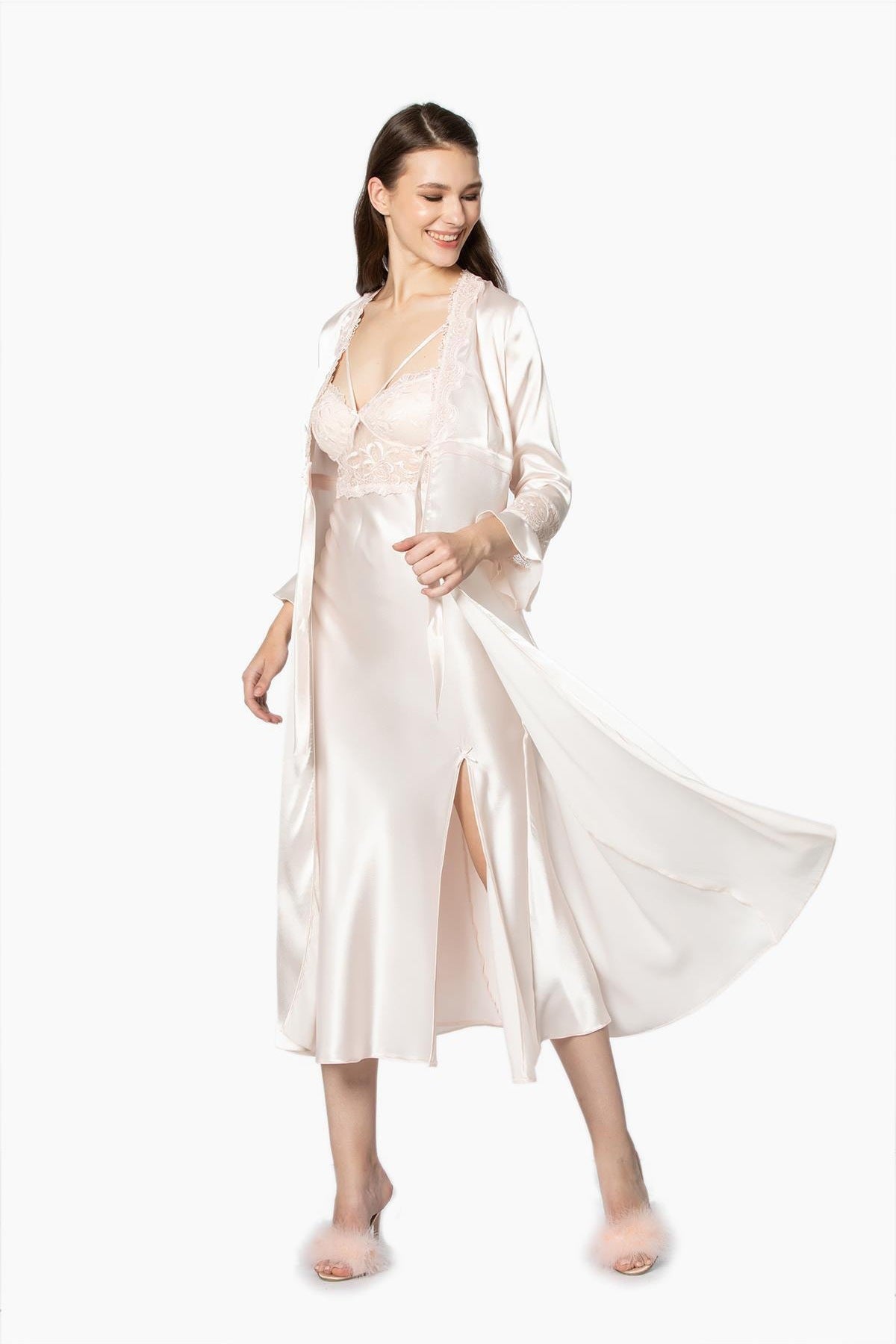 Pierre Cardin Kadın 6'lı Set Güpürlü Saten Uzun
