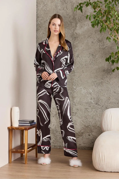 Pierre Cardin Kadın Boydan Düğmeli Saten Pijama Takımı