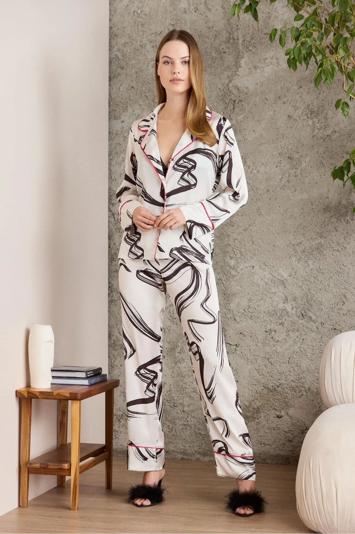 Pierre Cardin Kadın Boydan Düğmeli Saten Pijama Takımı