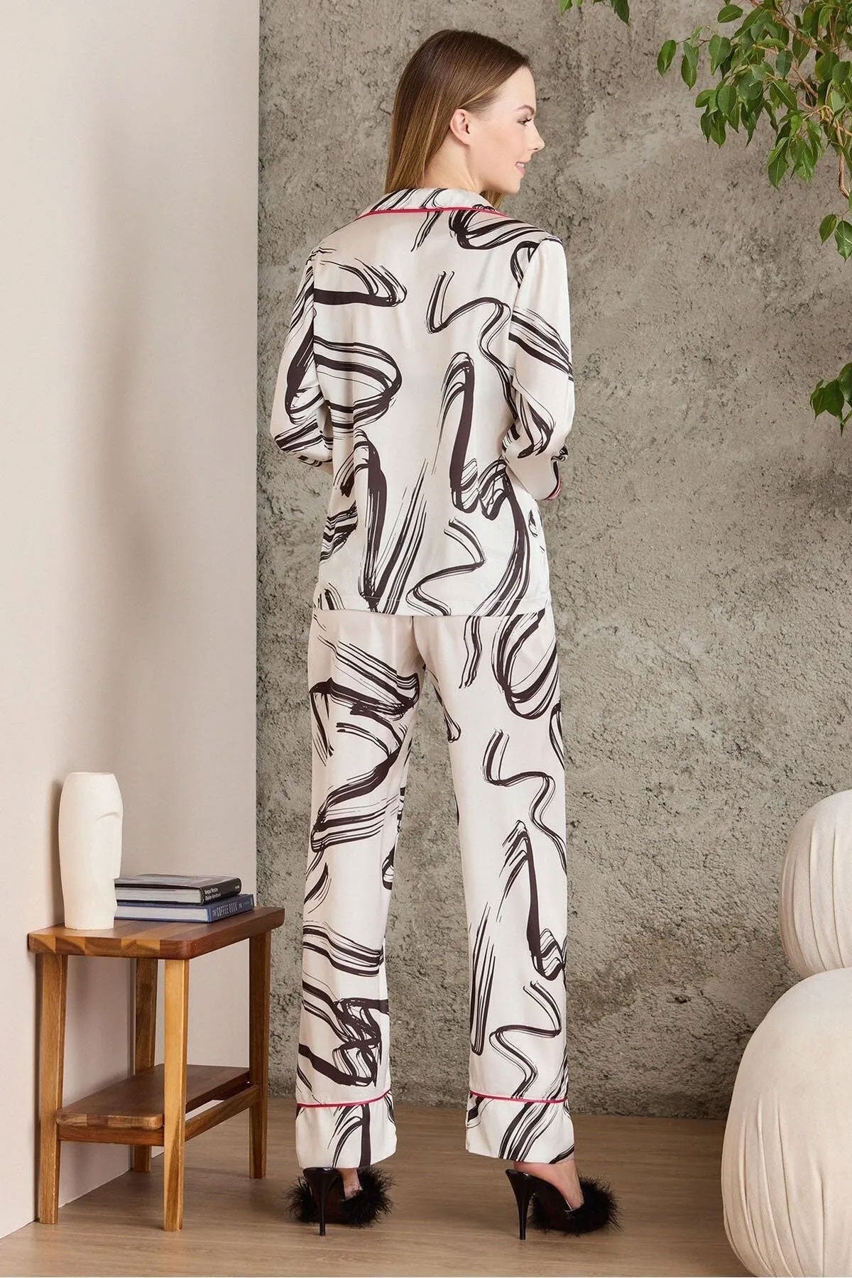 Pierre Cardin Kadın Boydan Düğmeli Saten Pijama Takımı