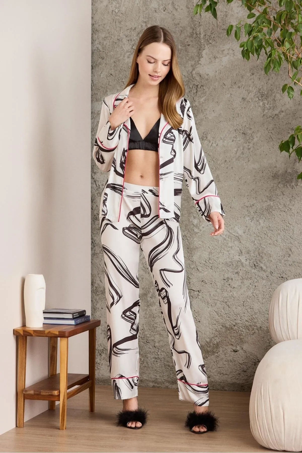 Pierre Cardin Kadın Boydan Düğmeli Saten Pijama Takımı