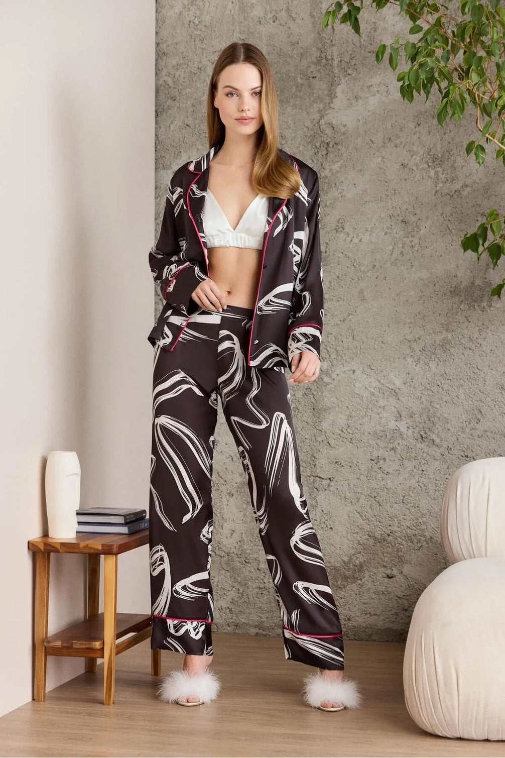 Pierre Cardin Kadın Boydan Düğmeli Saten Pijama Takımı