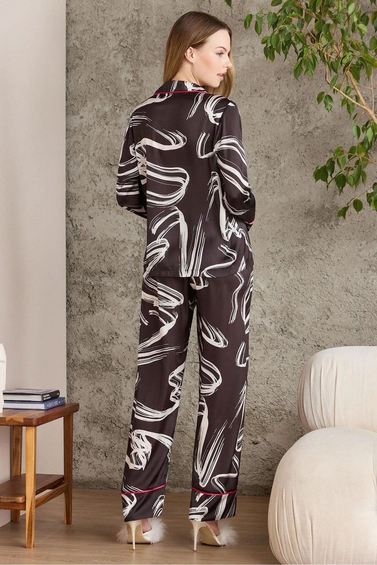Pierre Cardin Kadın Boydan Düğmeli Saten Pijama Takımı