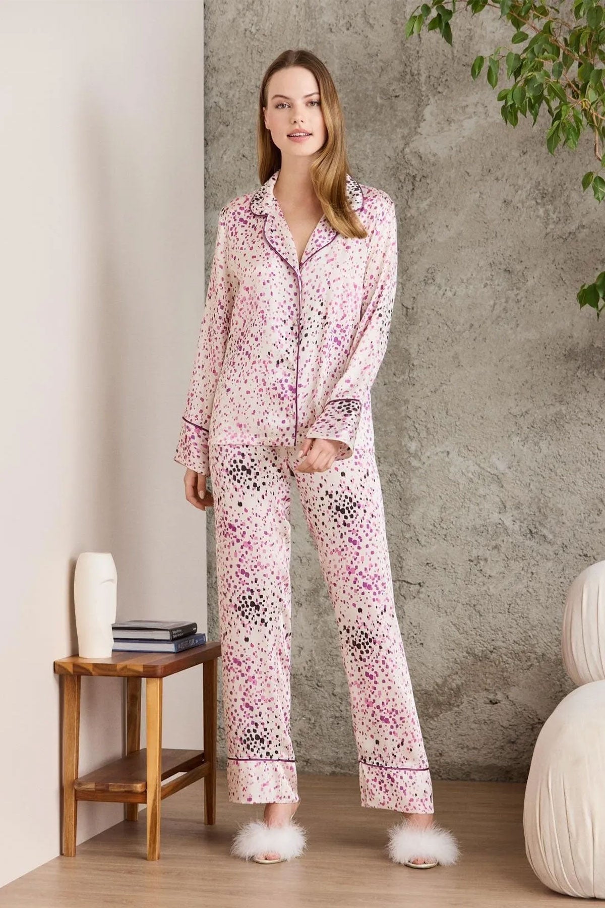 Pierre Cardin Kadın Boydan Düğmeli Saten Pijama Takımı