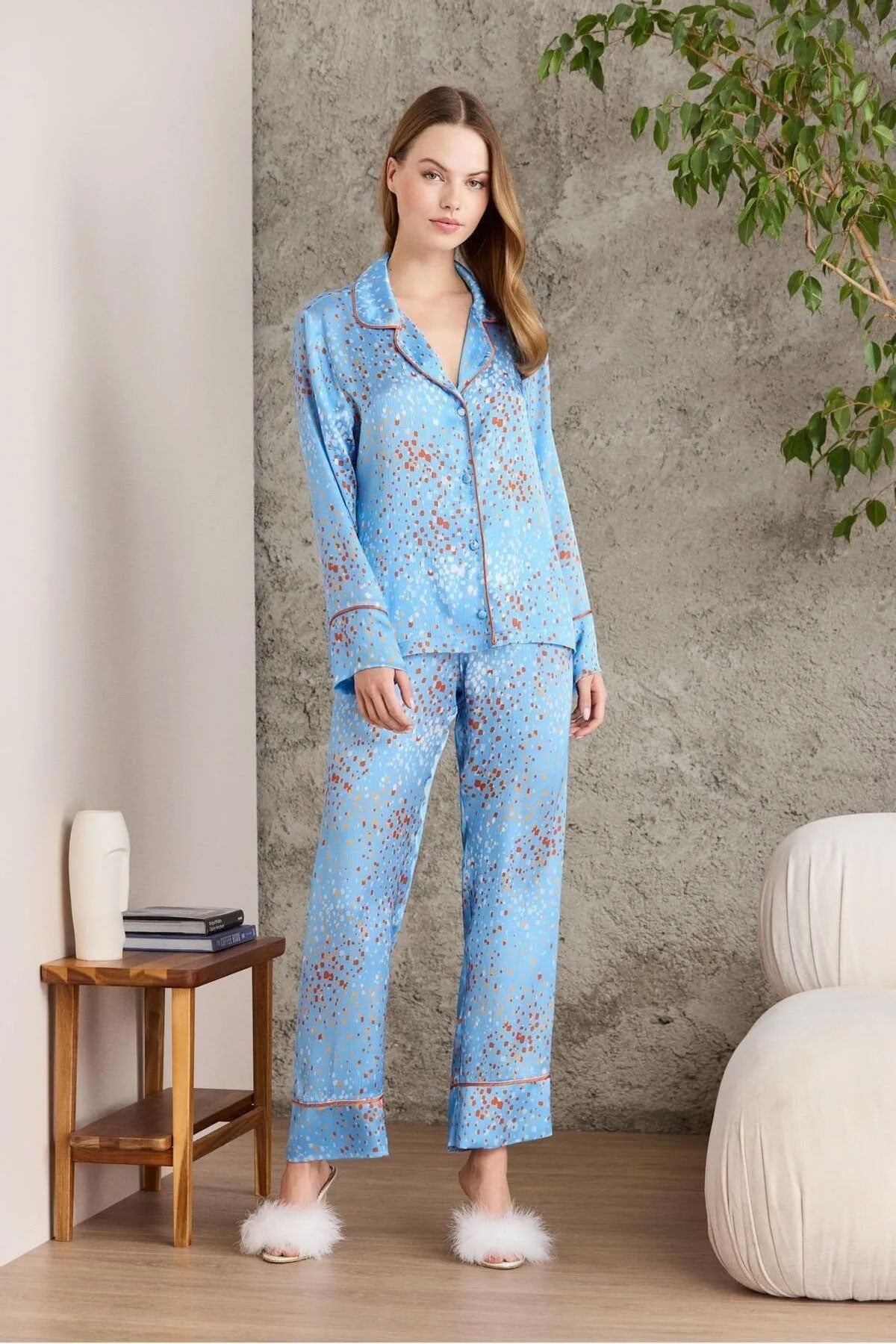 Pierre Cardin Kadın Boydan Düğmeli Saten Pijama Takımı