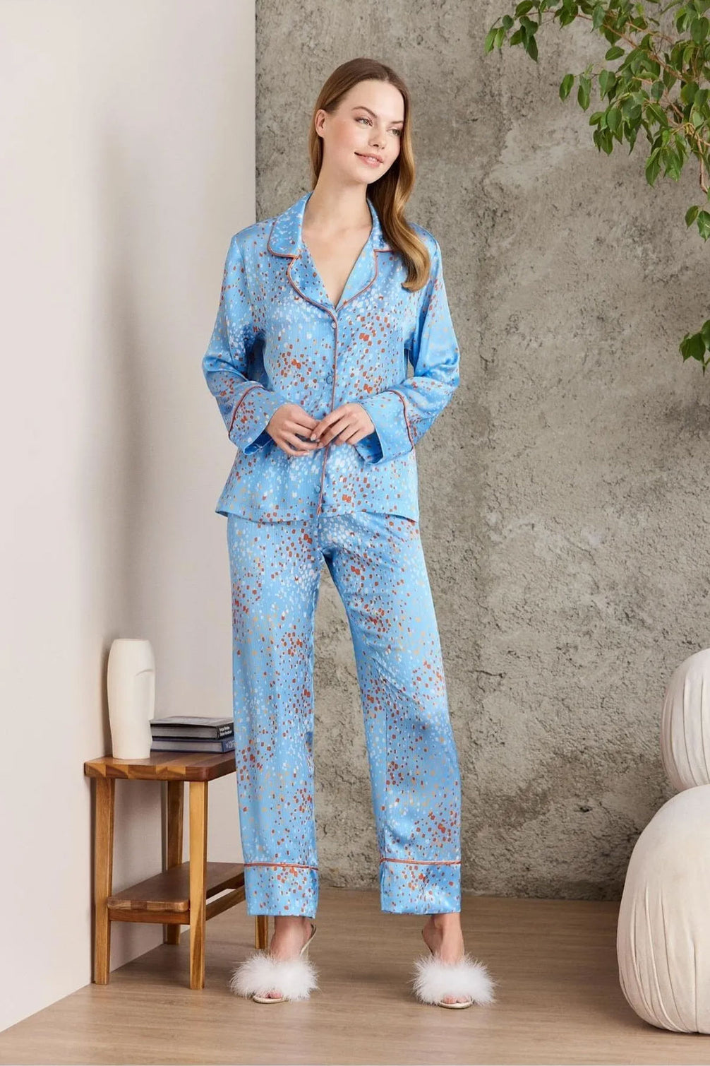 Pierre Cardin Kadın Boydan Düğmeli Saten Pijama Takımı