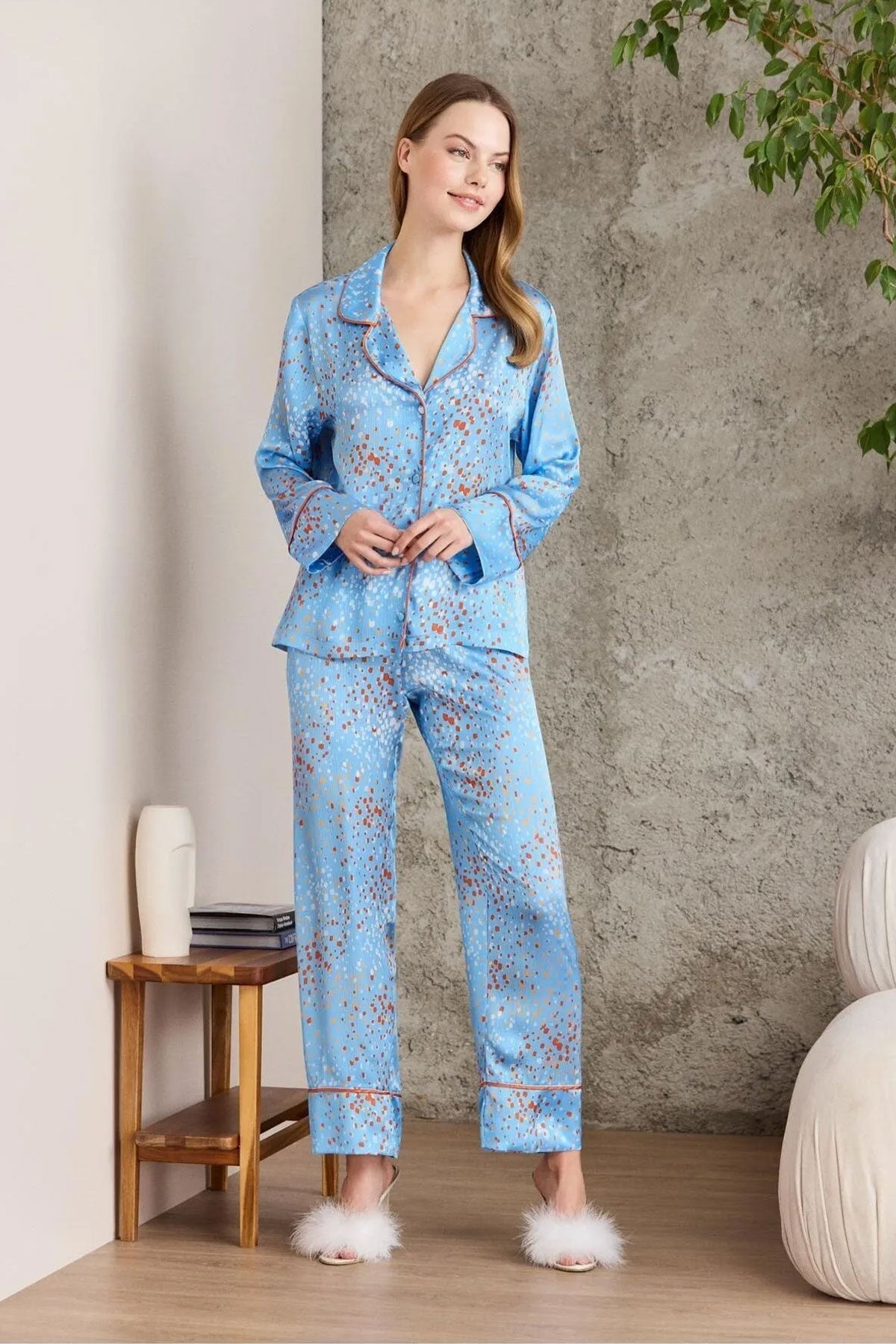 Pierre Cardin Kadın Boydan Düğmeli Saten Pijama Takımı