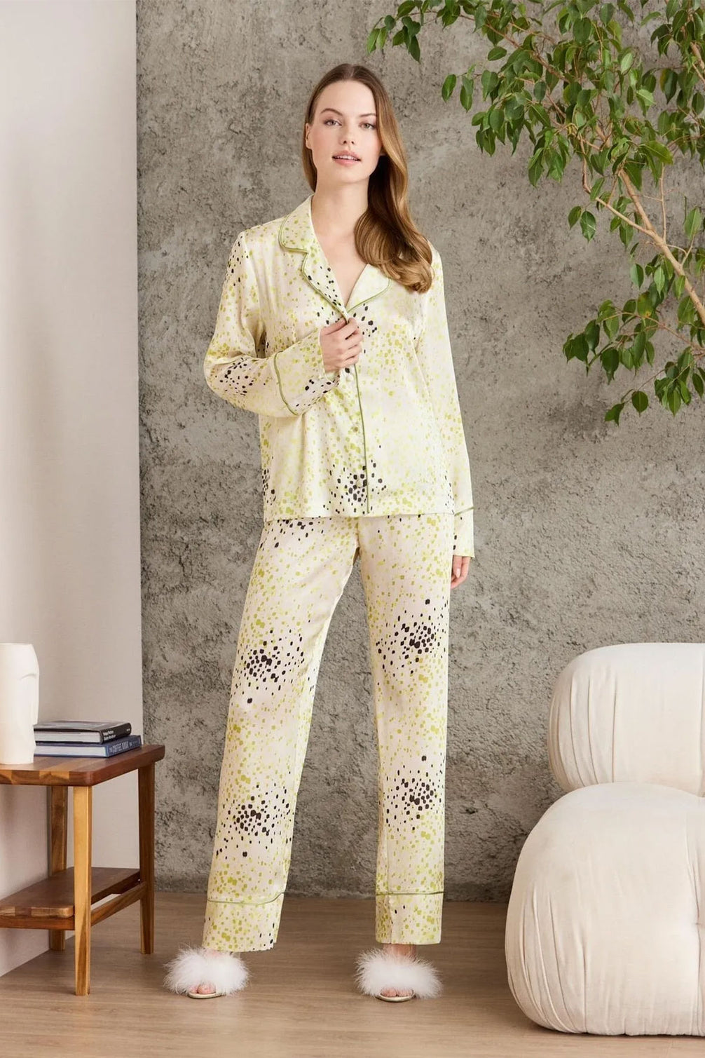 Pierre Cardin Kadın Boydan Düğmeli Saten Pijama Takımı