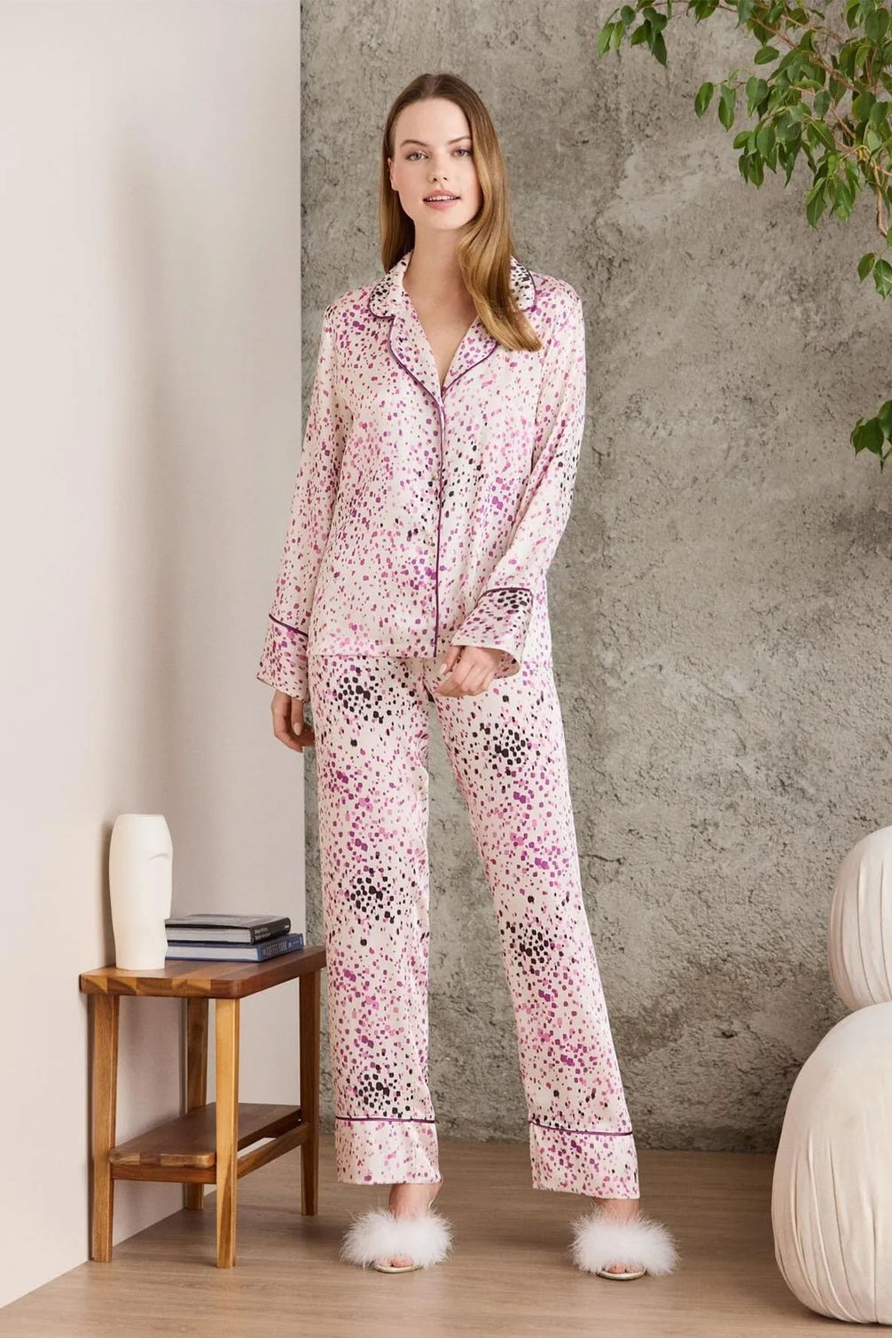 Pierre Cardin Kadın Boydan Düğmeli Saten Pijama Takımı