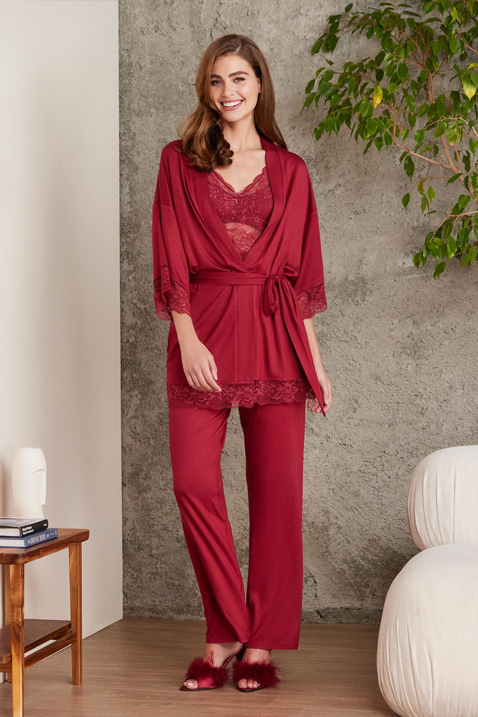 Pierre Cardin Kadın Dantelli Penye 3'lü Pijama Takımı