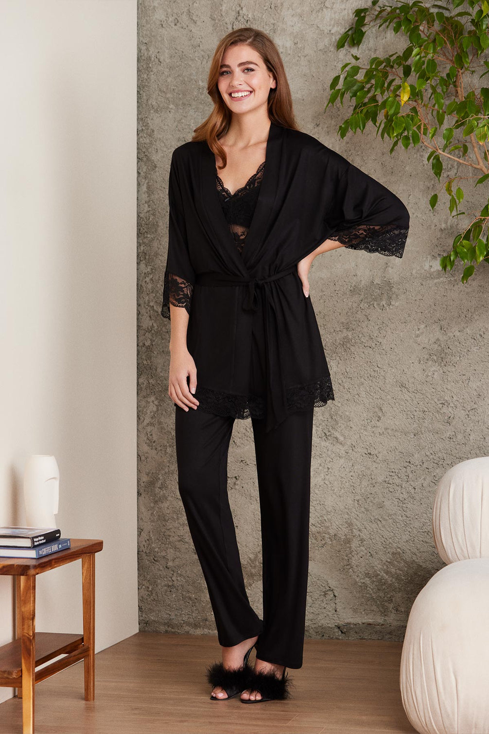 Pierre Cardin Kadın Dantelli Penye 3'lü Pijama Takımı