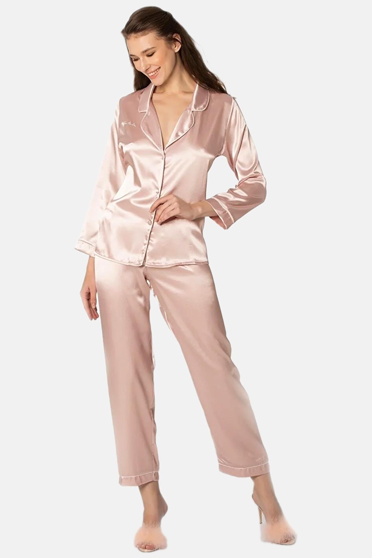 Pierre Cardin Kadın Fantezi Pijama Takımı Boydan Düğmeli Saten