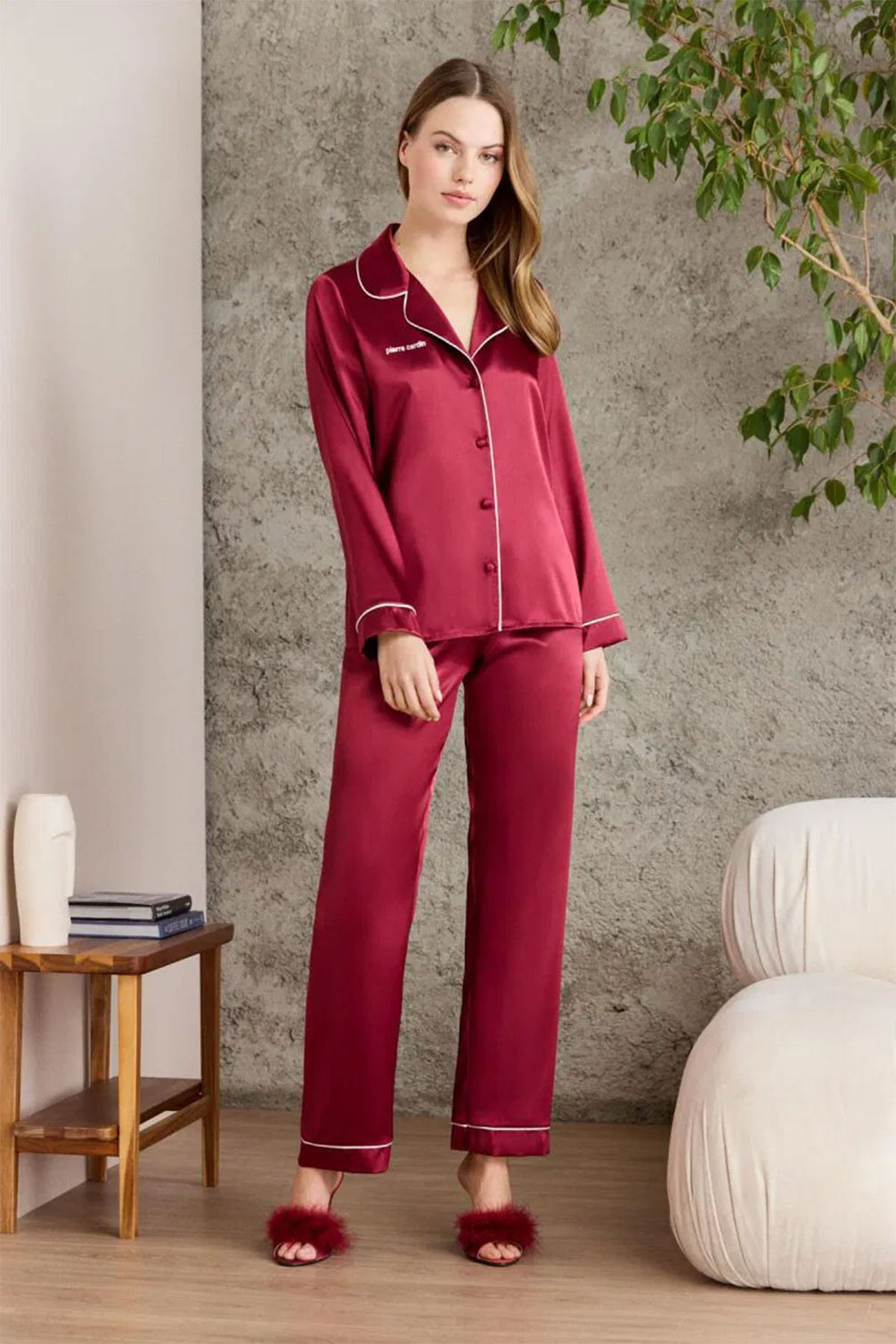 Pierre Cardin Kadın Fantezi Pijama Takımı Boydan Düğmeli Saten